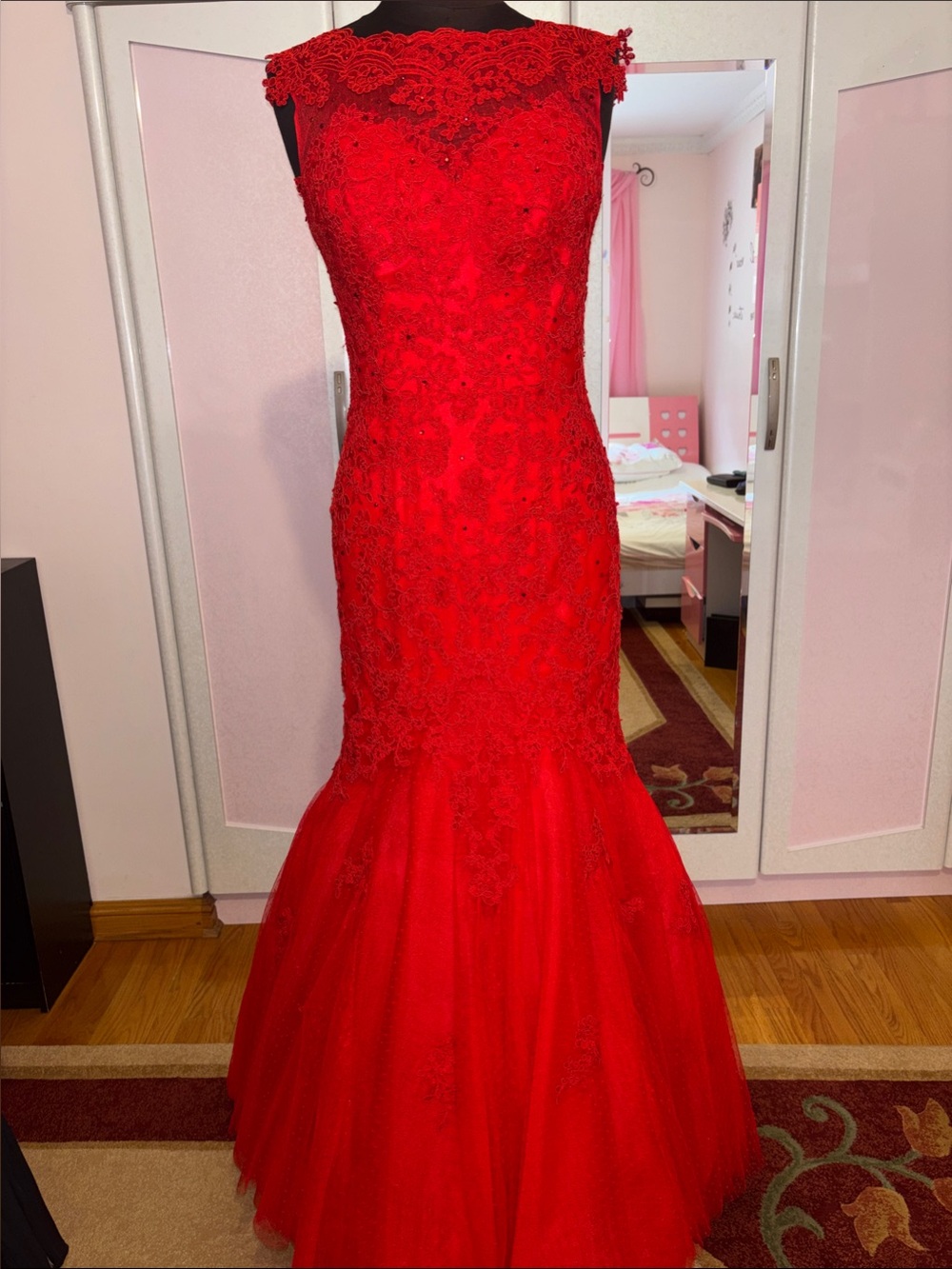 Dave & Johnny Red Lace Mermaid Prom Gown